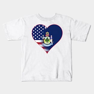 State of Maine Flag and American Flag Fusion Design Kids T-Shirt